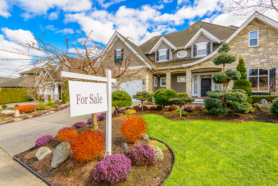 House For Sale. Real Estate Sign in Front of a House.